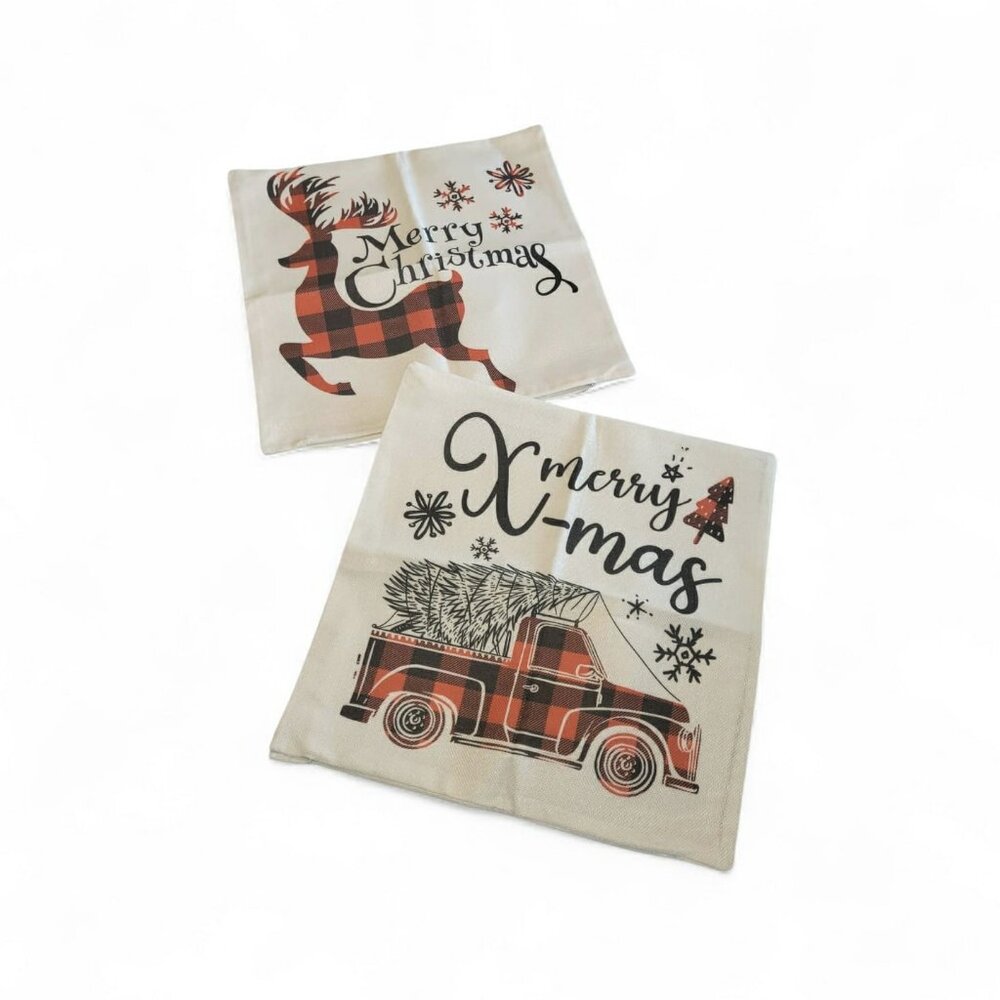 Christmas Throw Pillow Covers Deer Old-Fashioned Truck Tree Red Black 15x15
